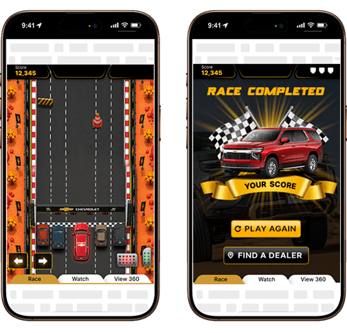 Gamified racing ad: interactive gameplay and a race-completed reward screen