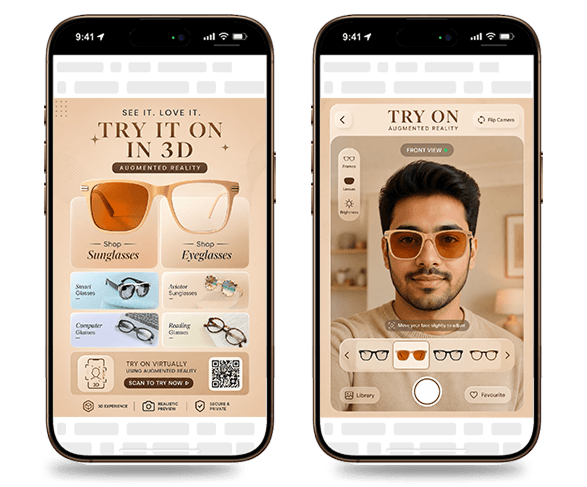 Mobile AR try-on: eyewear rendered in 3D and a live camera try-on