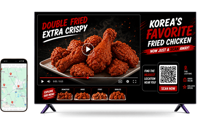 Connected TV playing a food ad with a QR code and a mobile phone showing the scanned experience